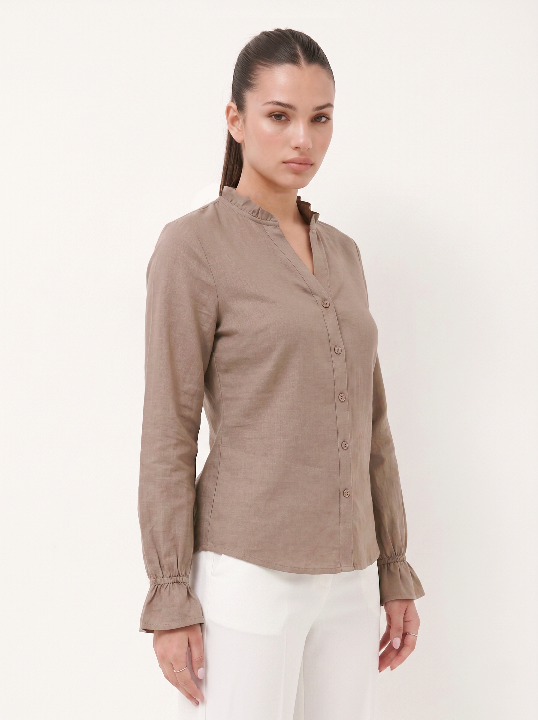 Ruffle Collar Shirt - Taupe