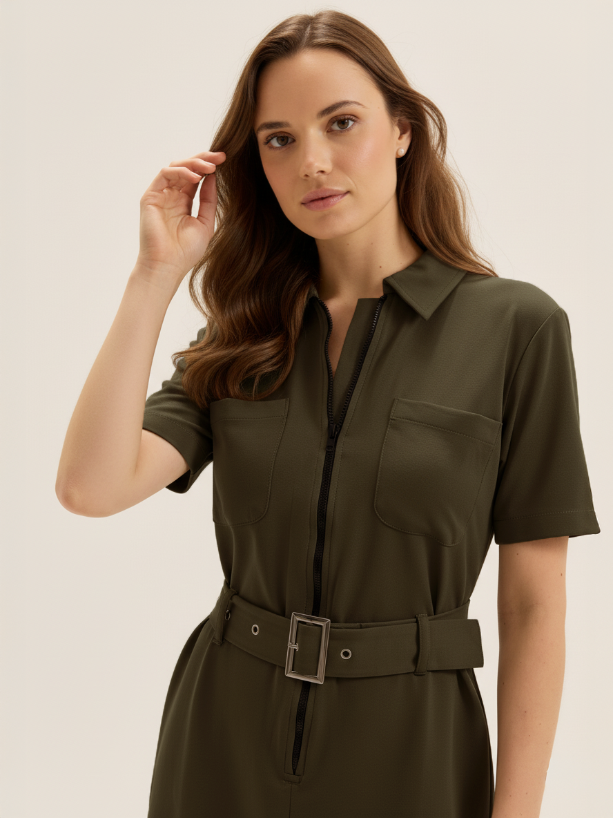 Mini Utility Dress with Belt – Olive