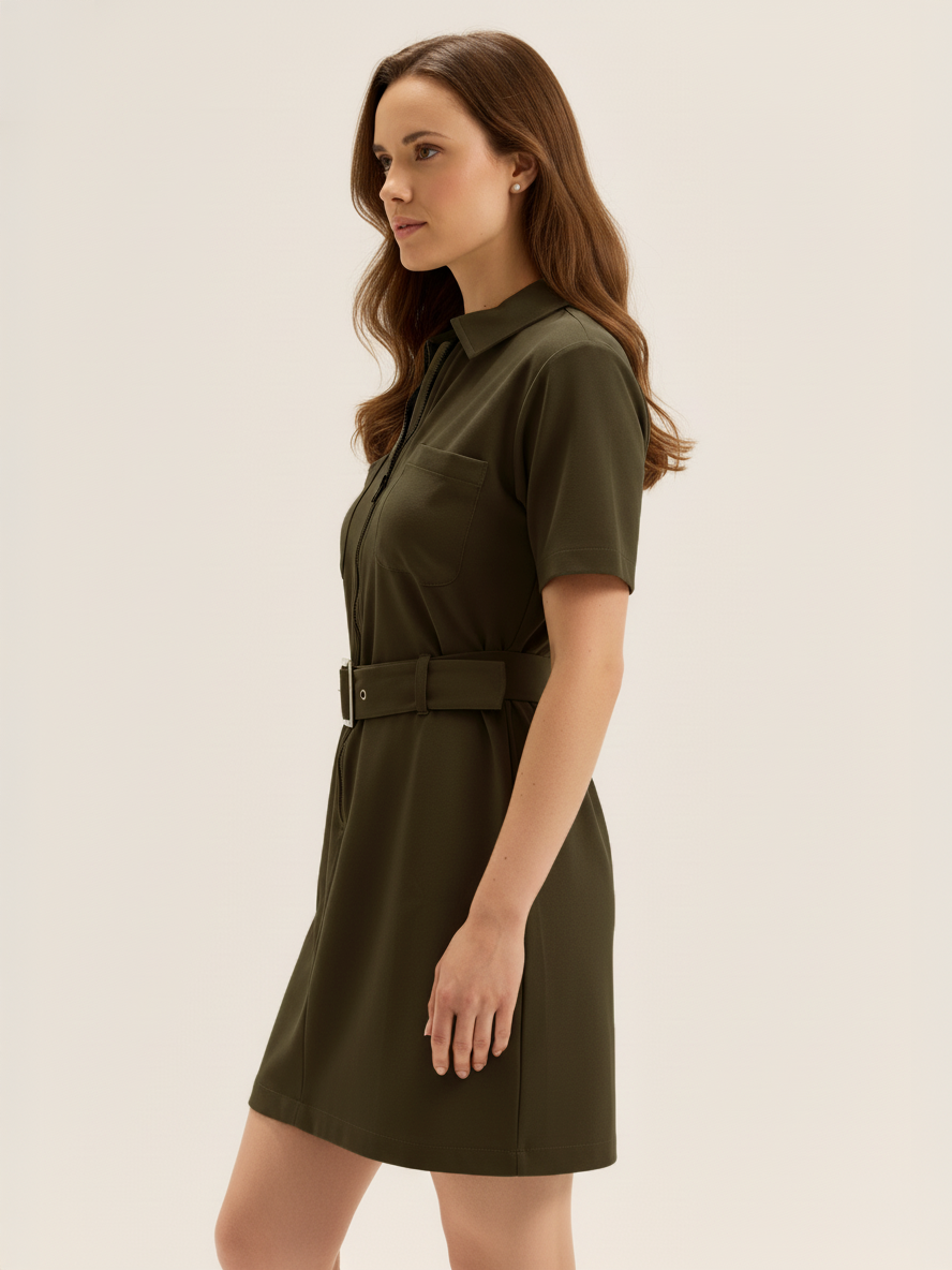 Mini Utility Dress with Belt – Olive