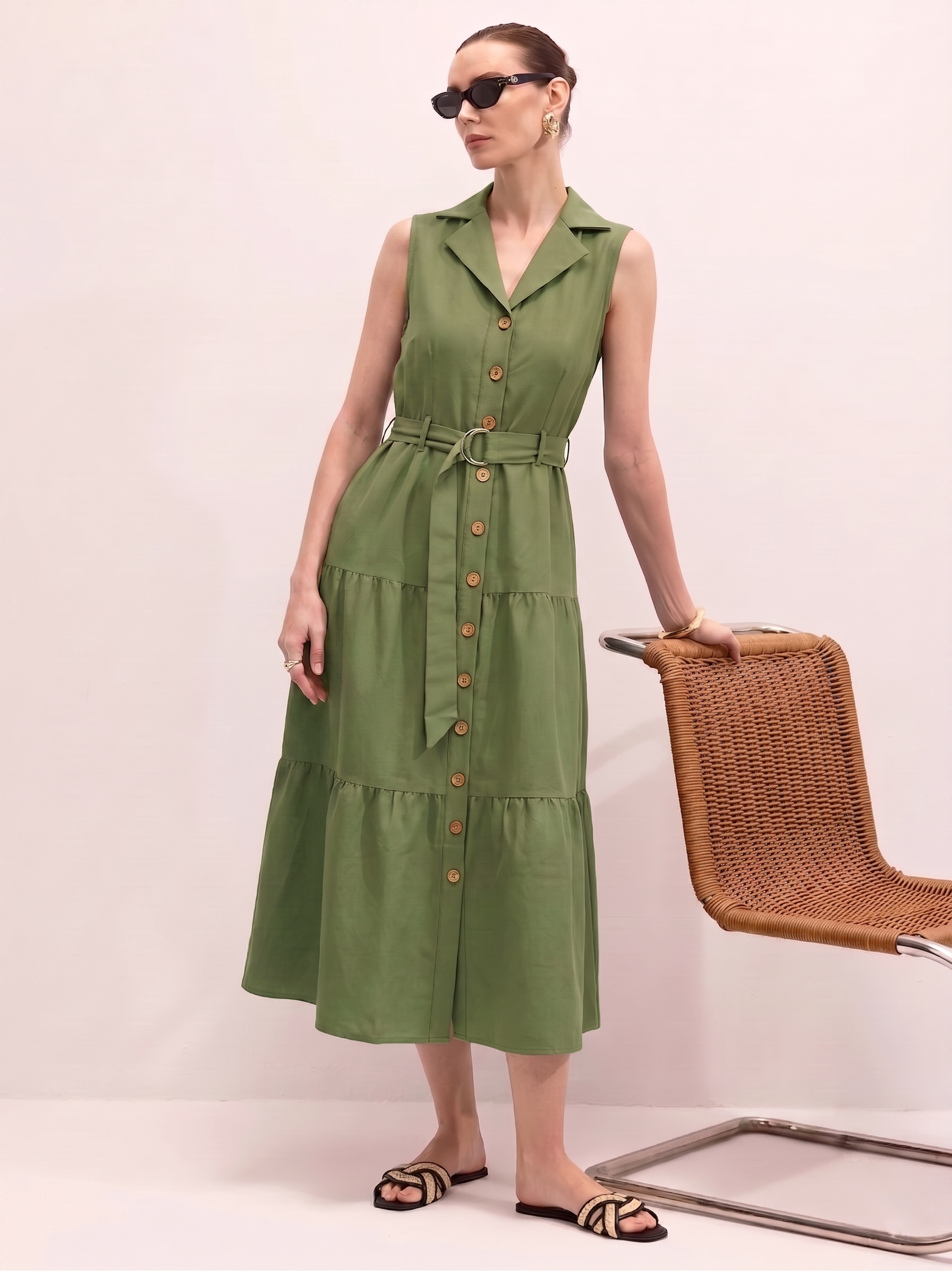 Tiered Shirt Dress - Olive