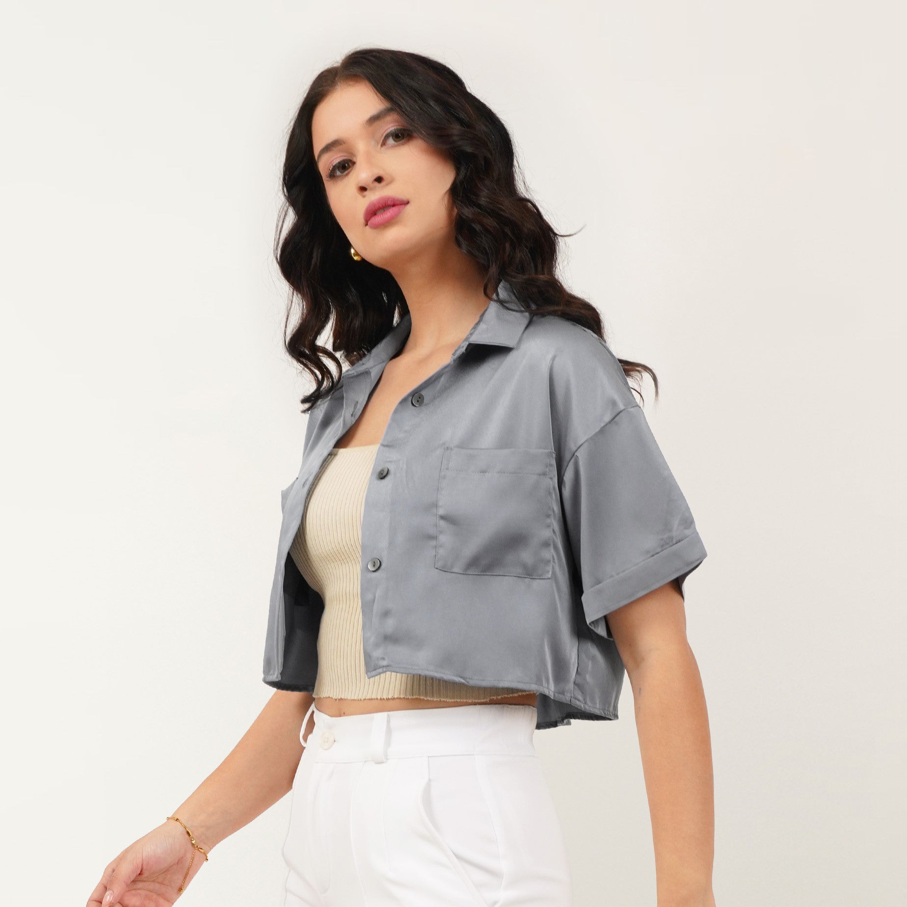 Cropped Satin Shirt