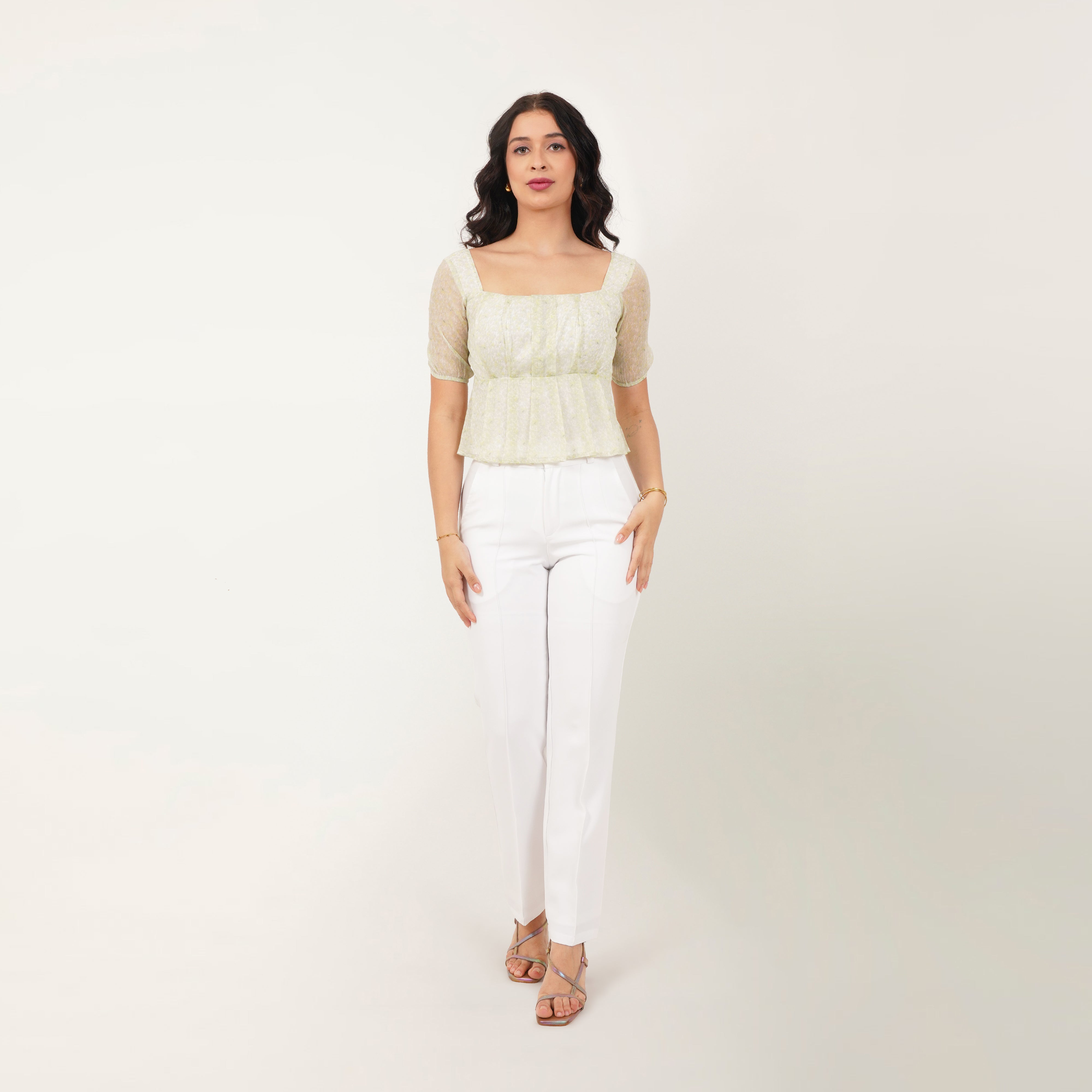 Printed Puff Sleeve Top - Green