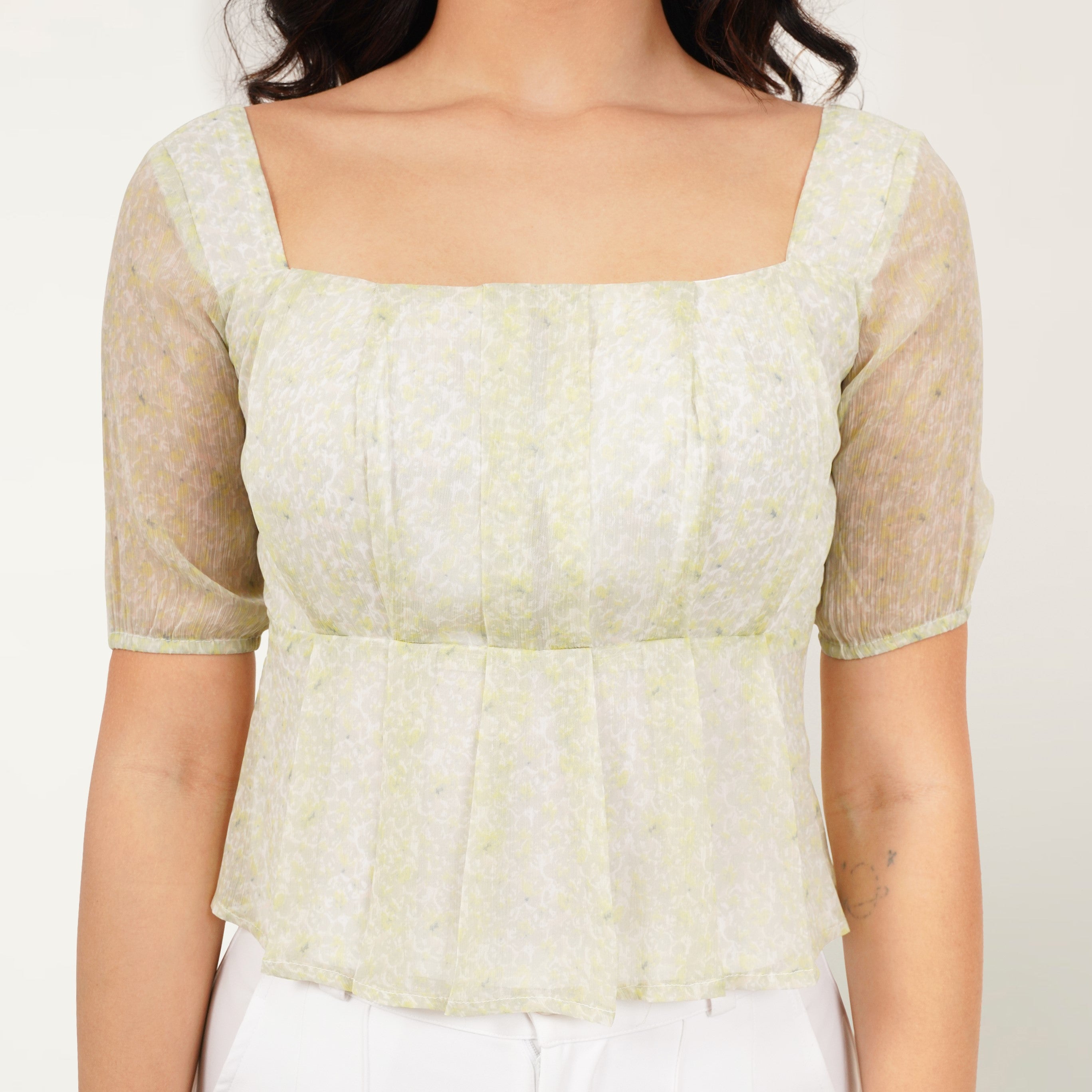 Printed Puff Sleeve Top - Green