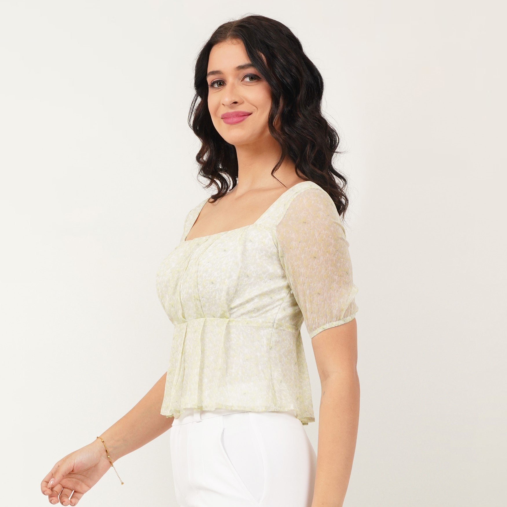 Printed Puff Sleeve Top - Green