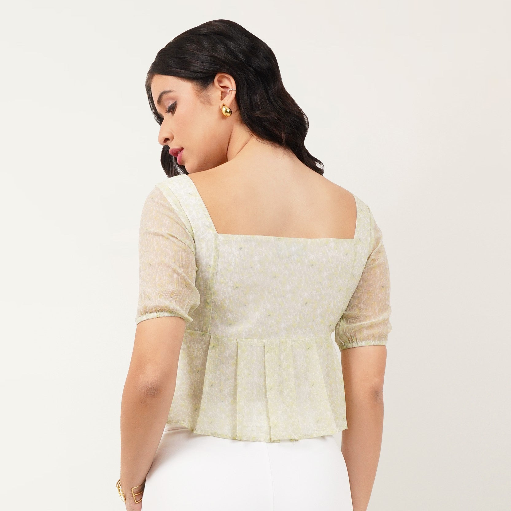 Printed Puff Sleeve Top - Green