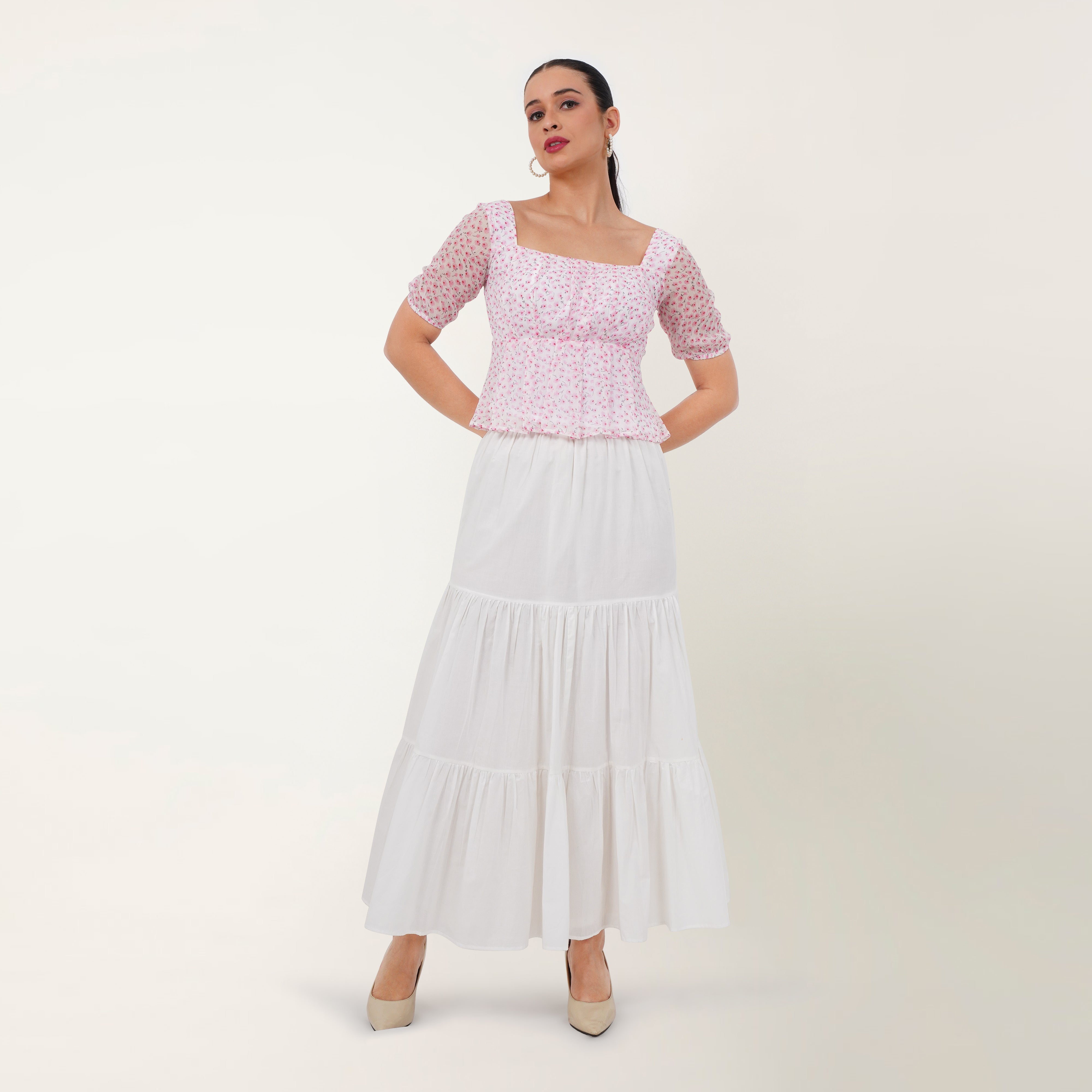 Printed Puff Sleeve Top - Pink