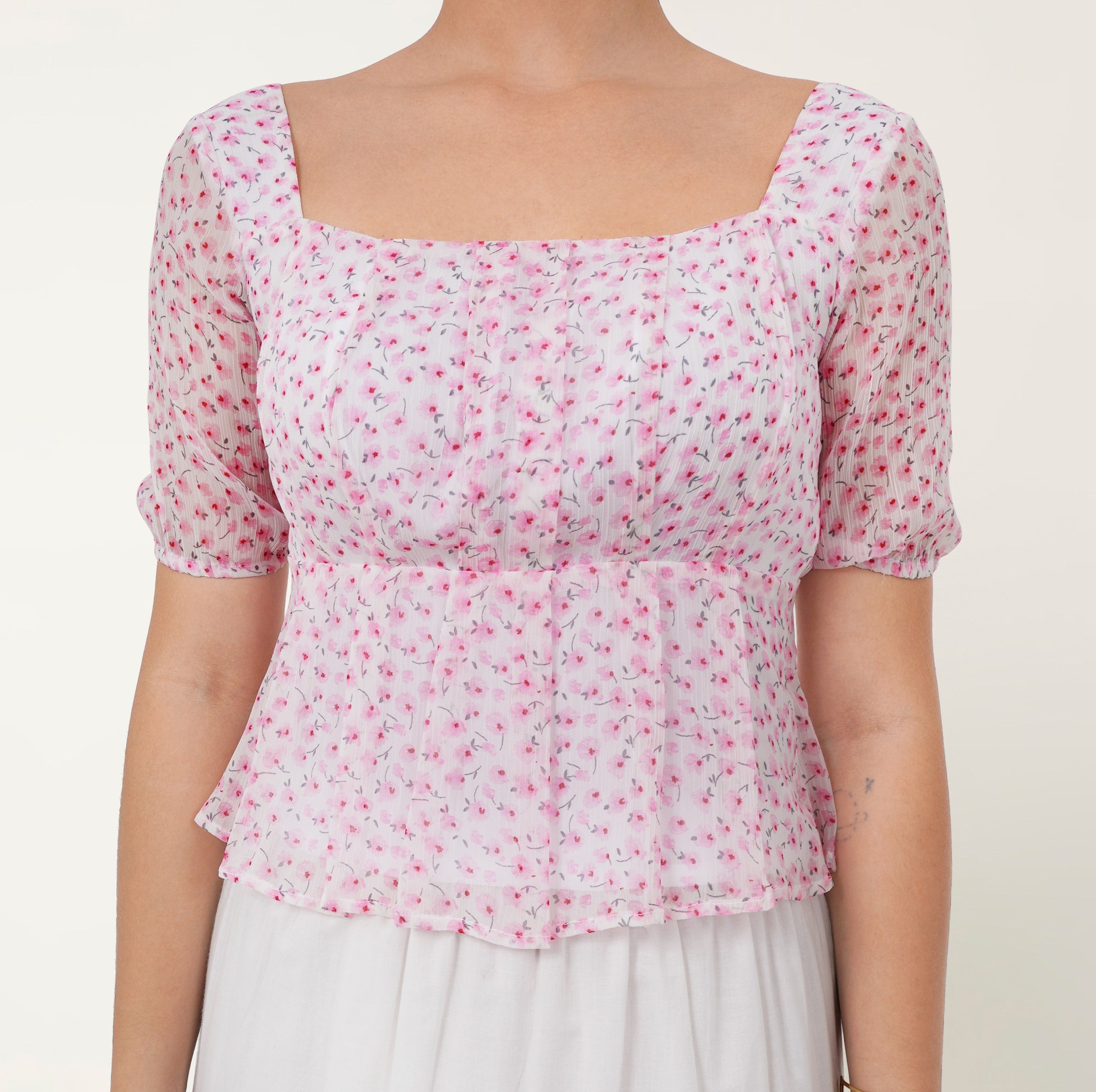 Printed Puff Sleeve Top - Pink