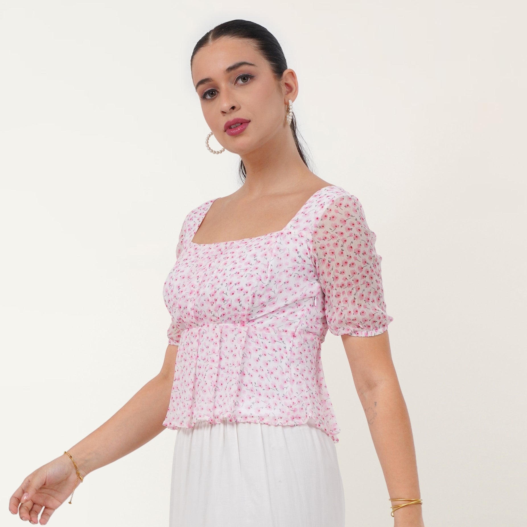 Printed Puff Sleeve Top - Pink