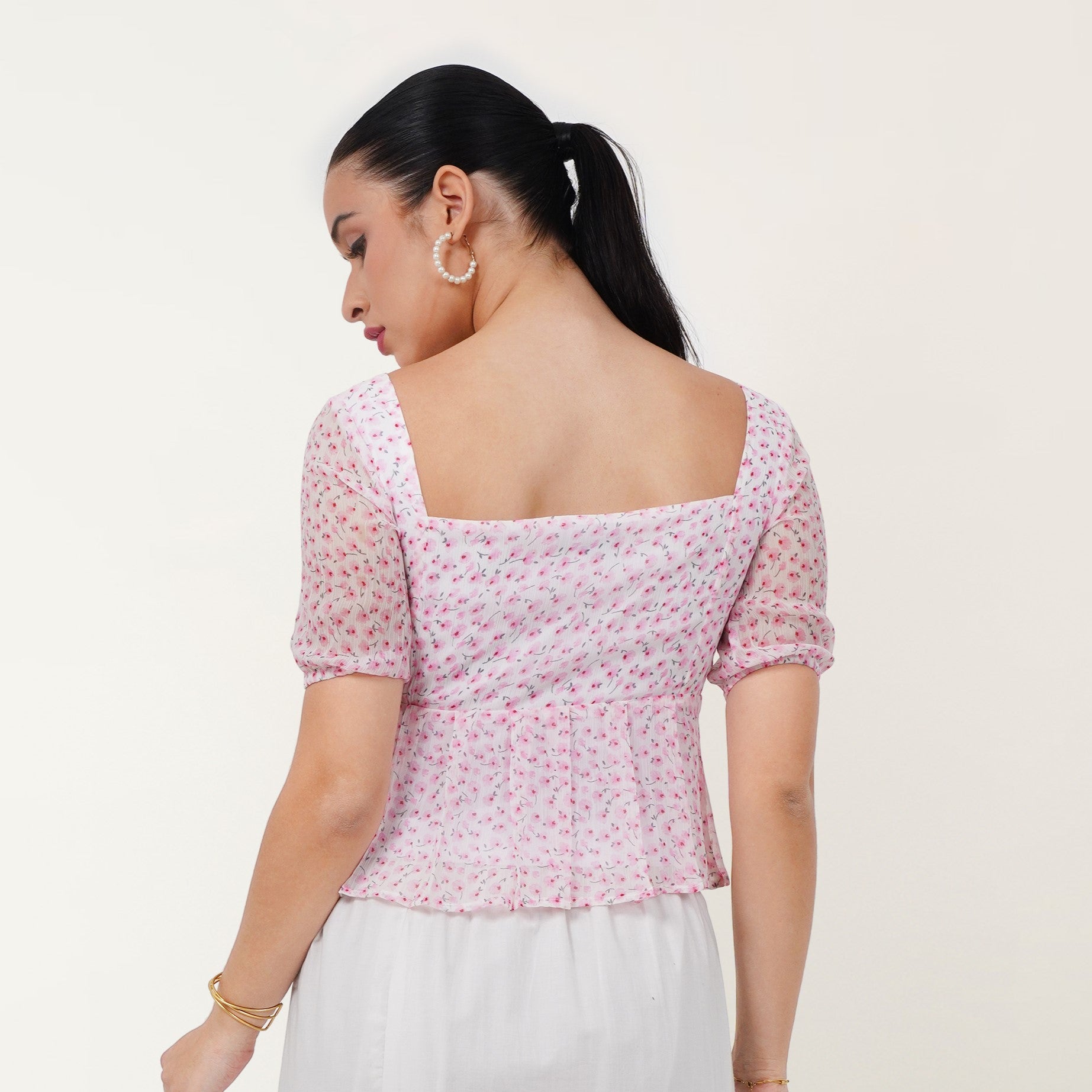 Printed Puff Sleeve Top - Pink