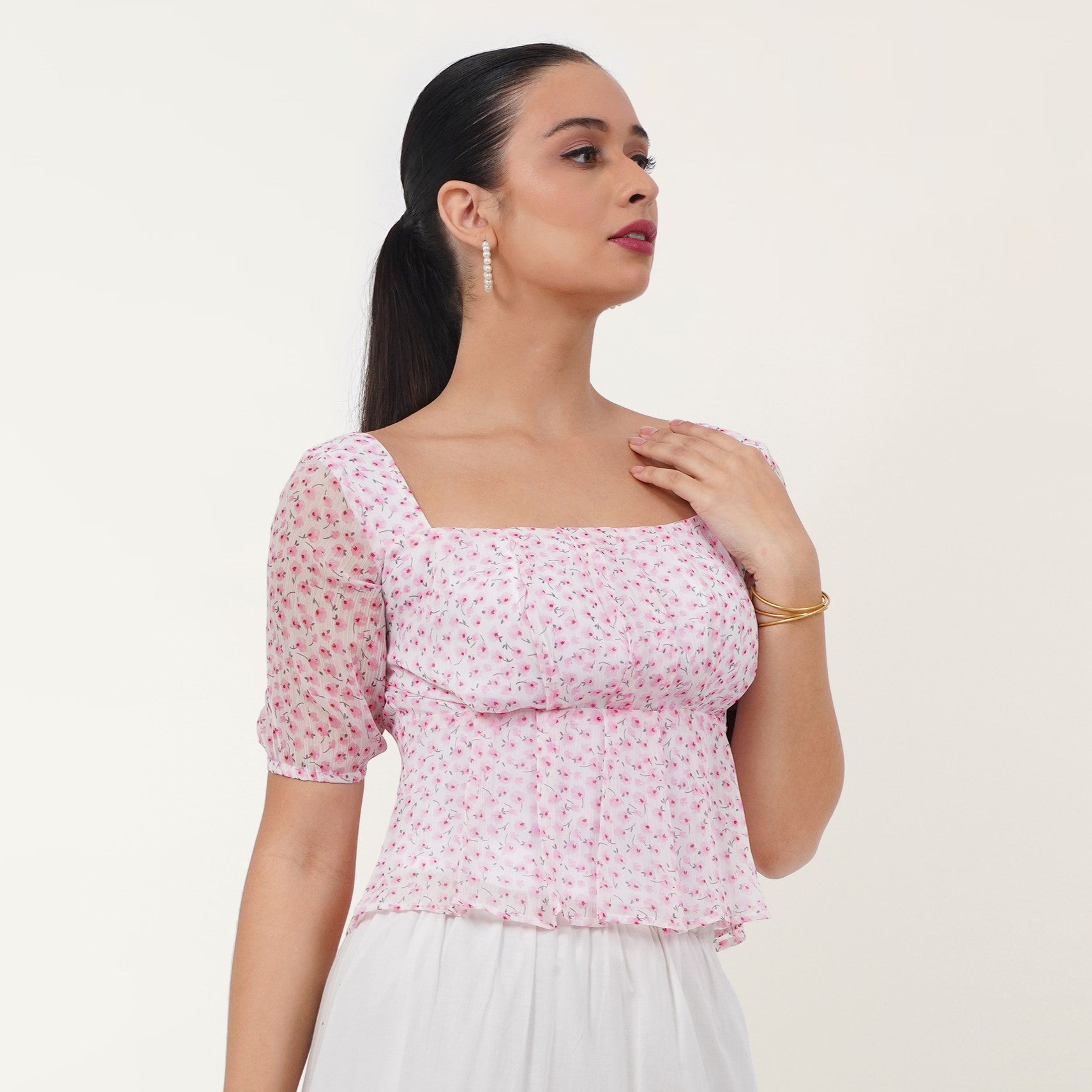 Printed Puff Sleeve Top - Pink