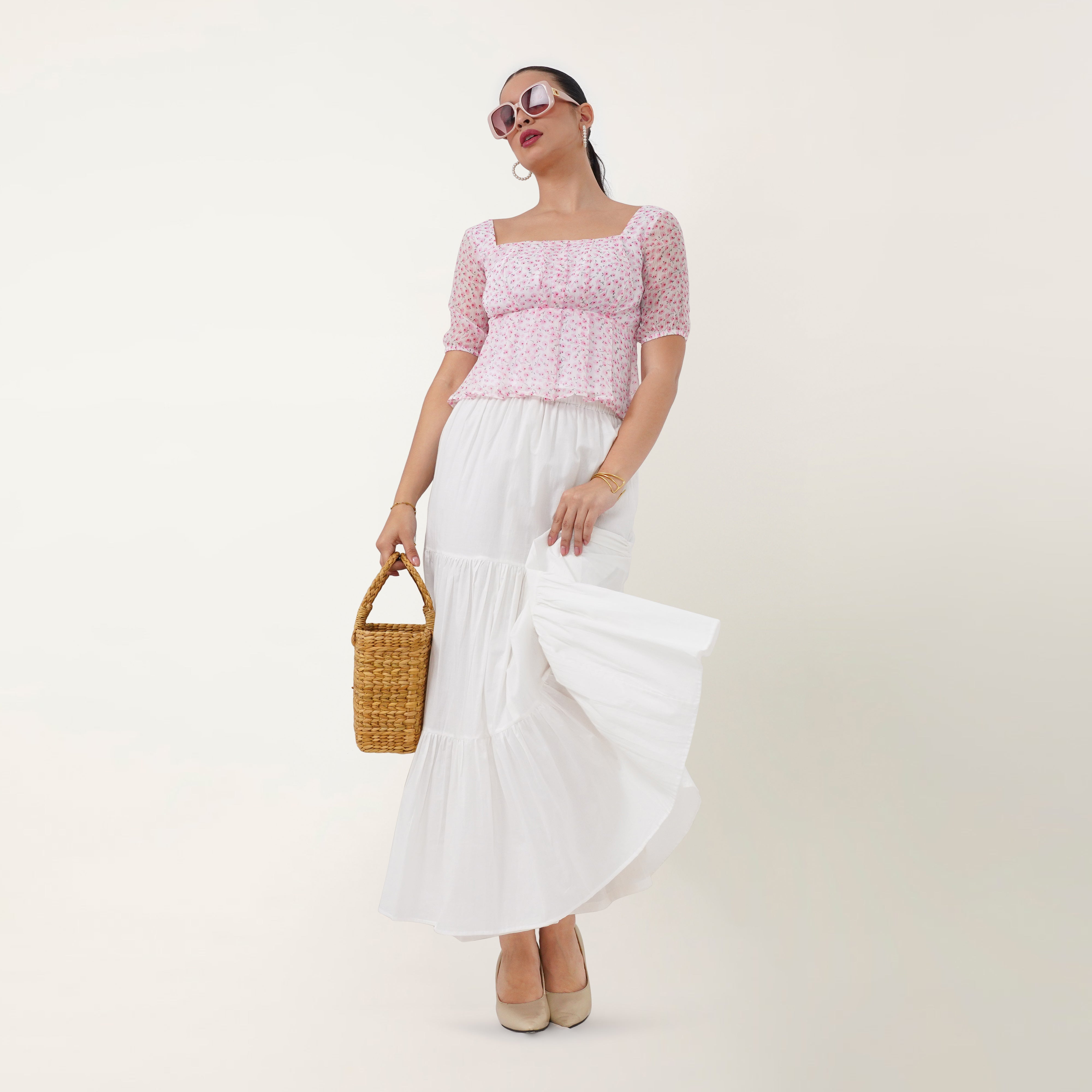 Printed Puff Sleeve Top - Pink