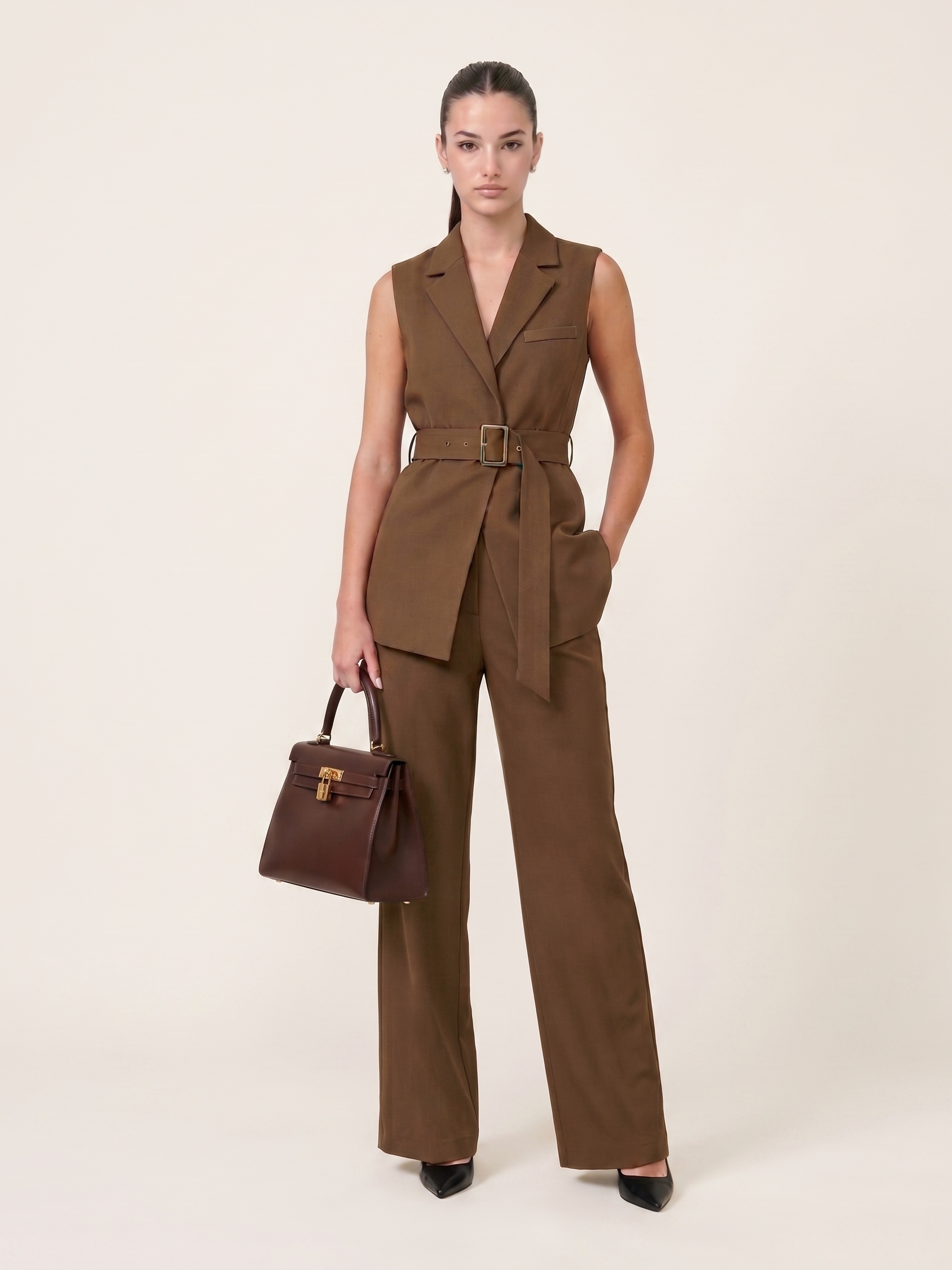 Belted Blazer Co-ord - Dark Fawn