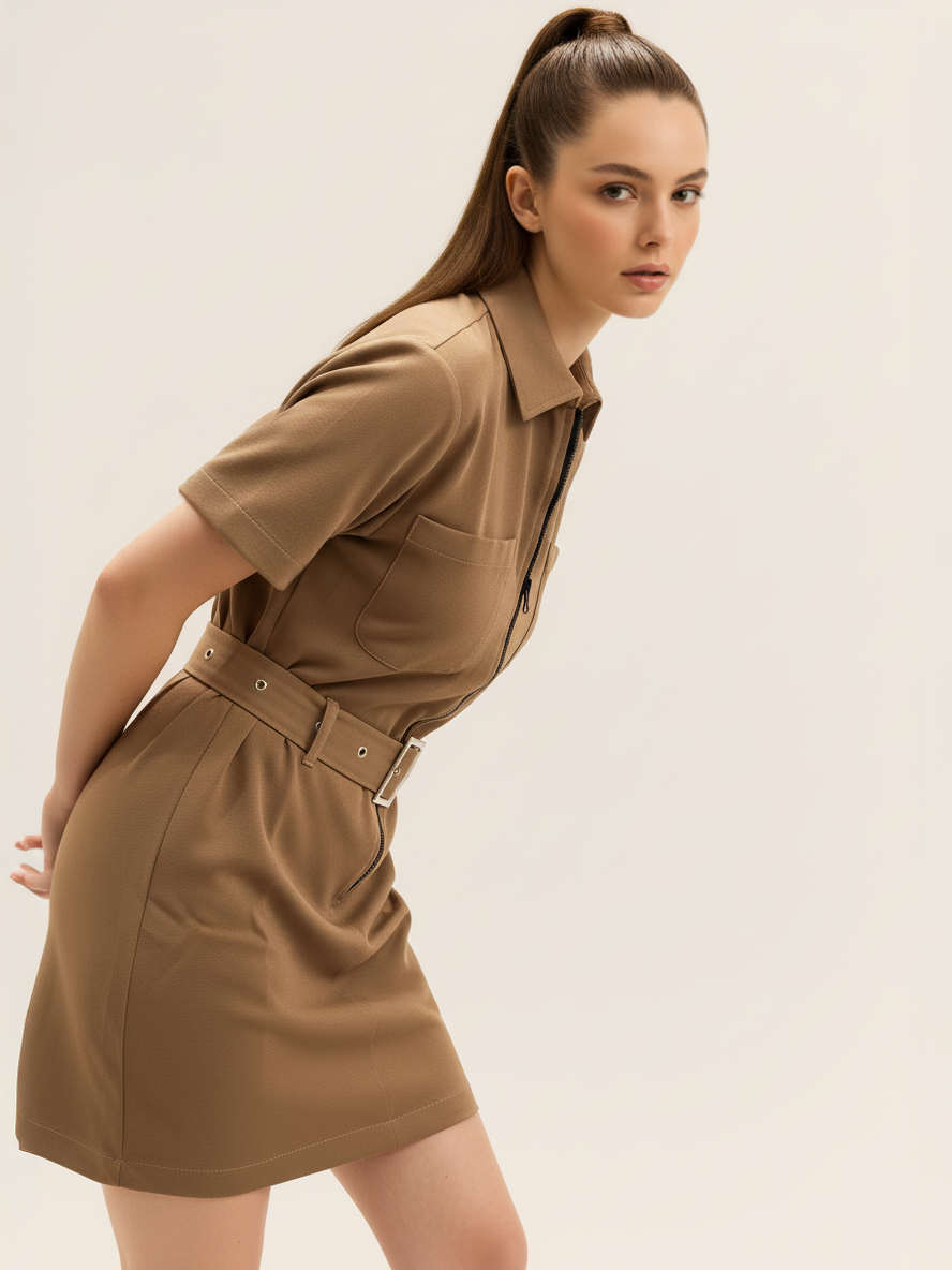 Mini Utility Dress with Belt – Mocha
