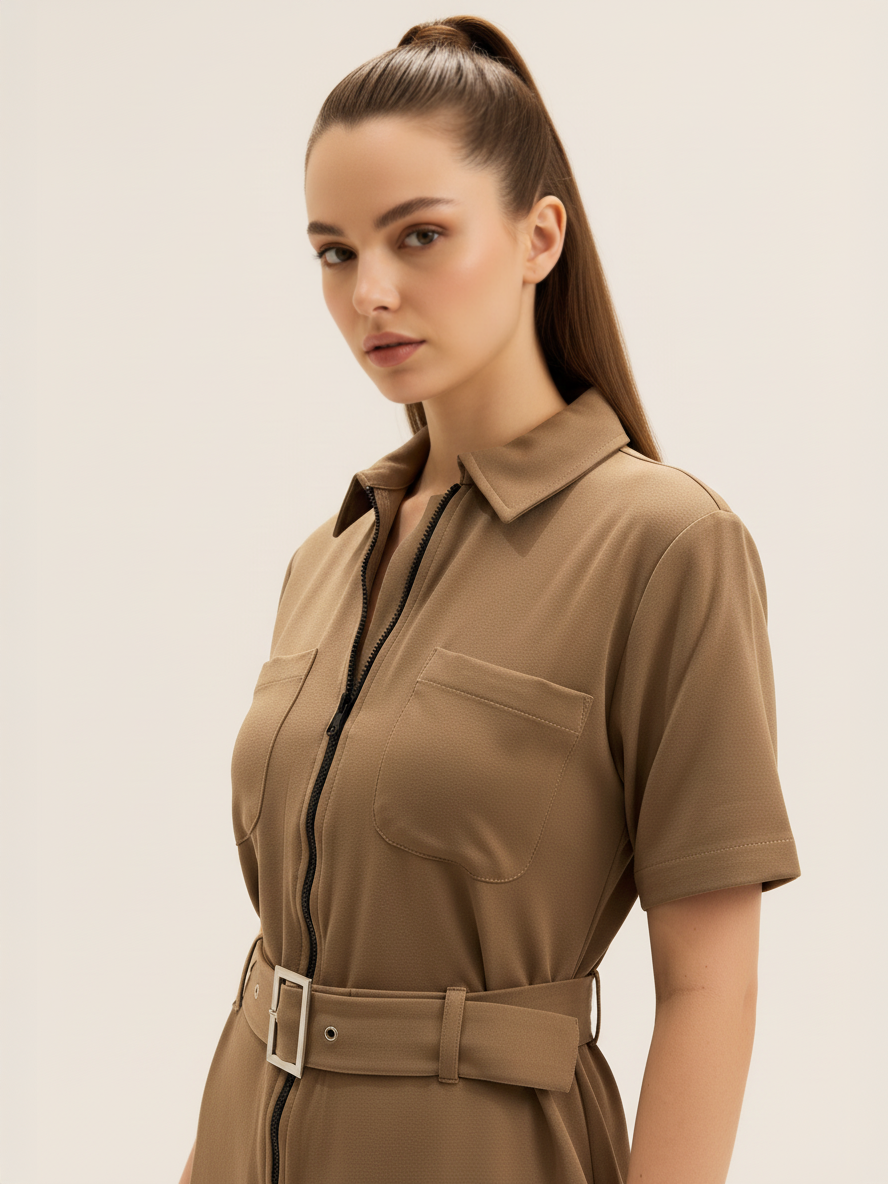 Mini Utility Dress with Belt – Mocha