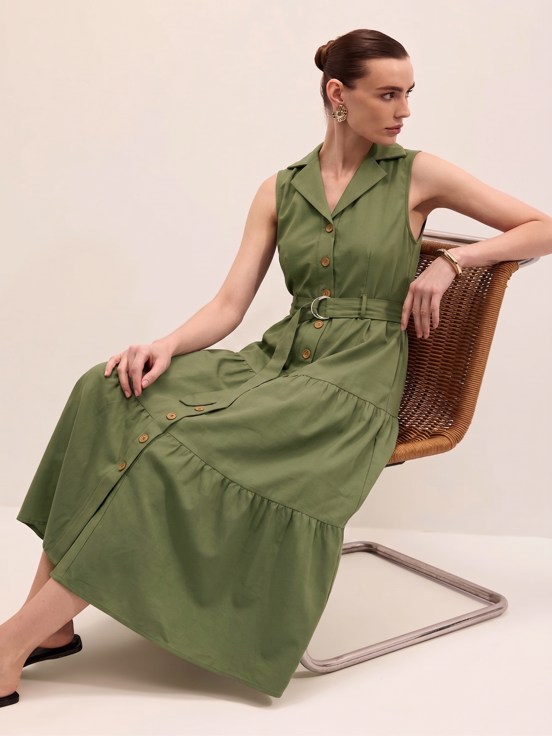 Tiered Shirt Dress - Olive