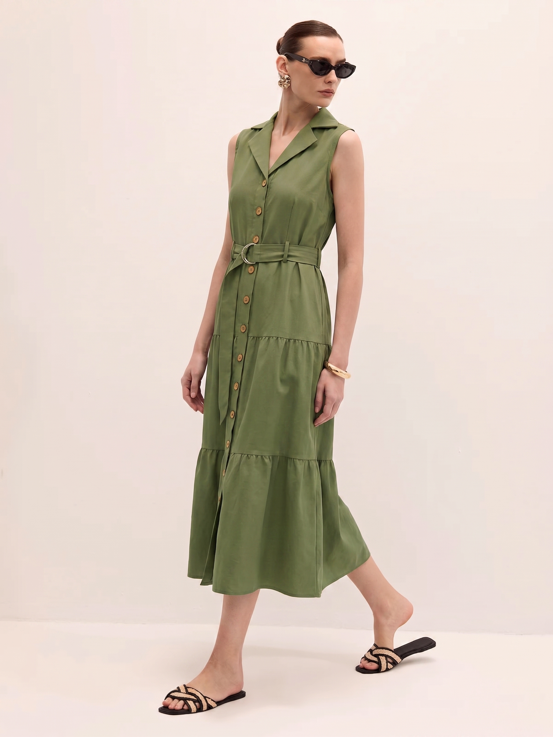 Tiered Shirt Dress - Olive